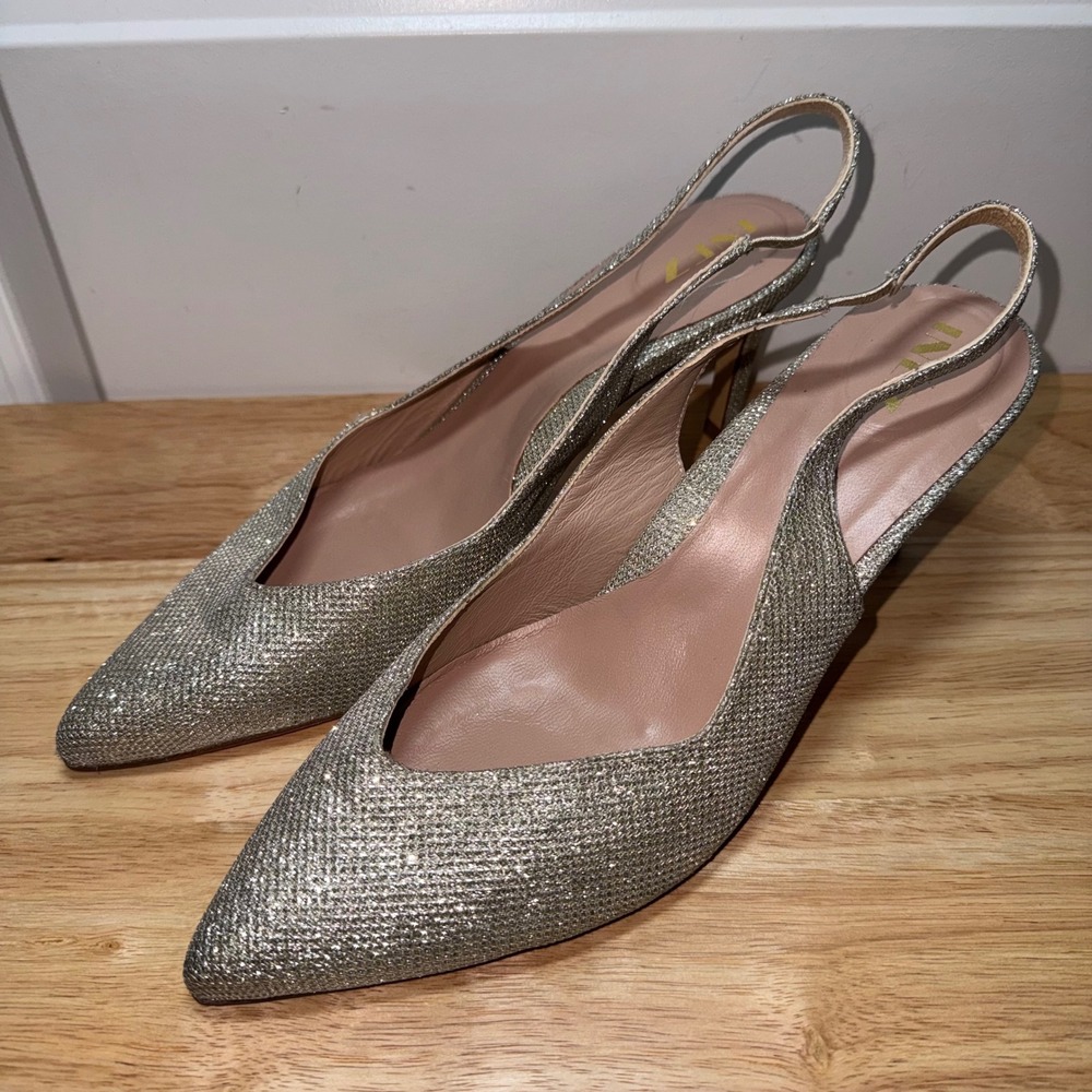 Inez Mia Champagne Glitter Slingback Pumps Pointed Toe Stiletto Heels Size 10M